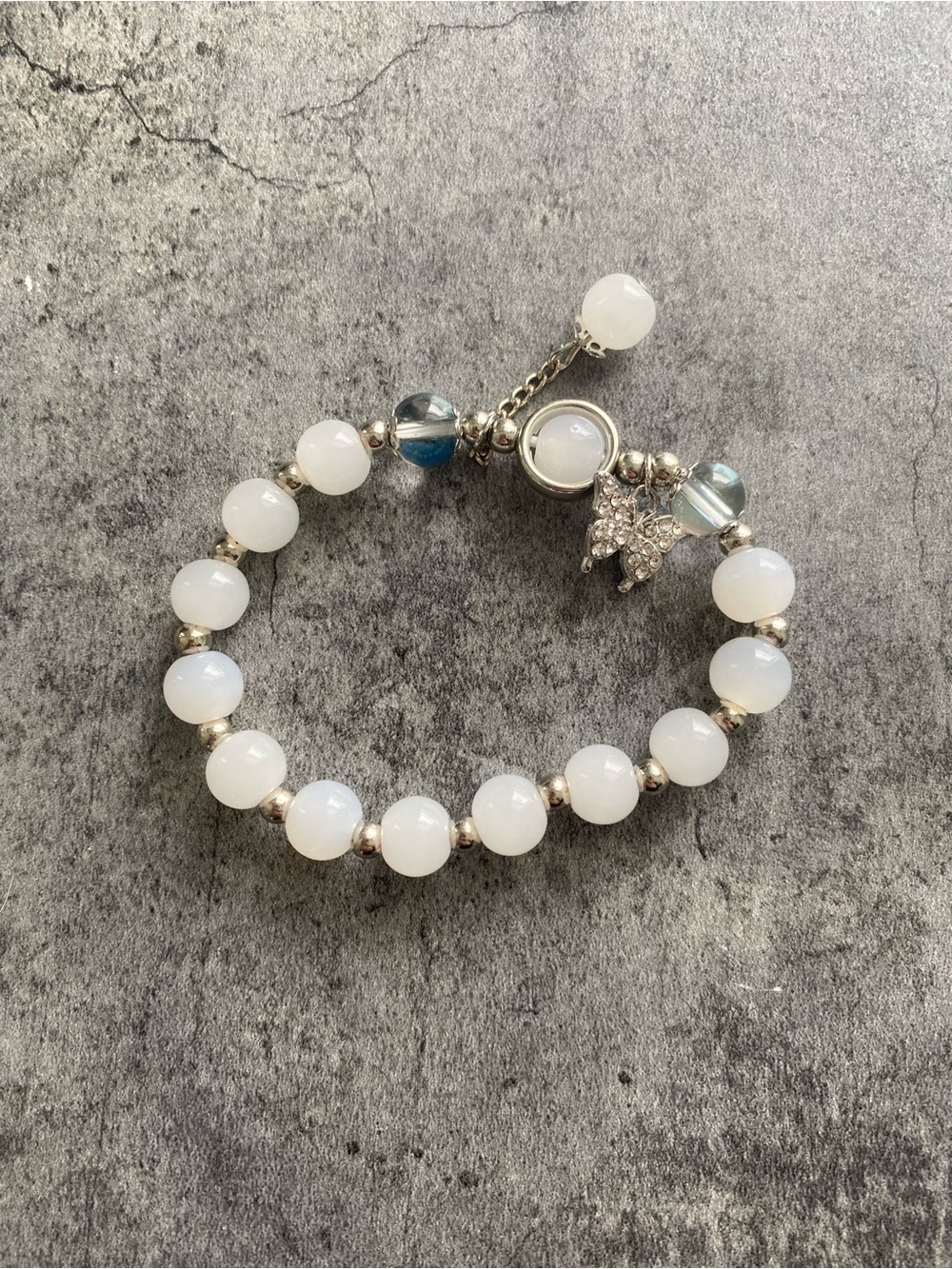White Beaded Stretch Bracelet with Crystal Charm